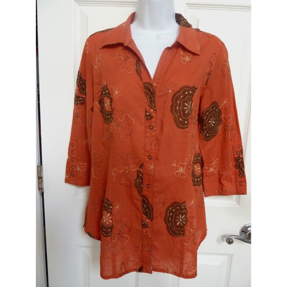 Tribal Women Sz 4 Small Orange Embroidered Floral Applique Snap Blouse Boho Top